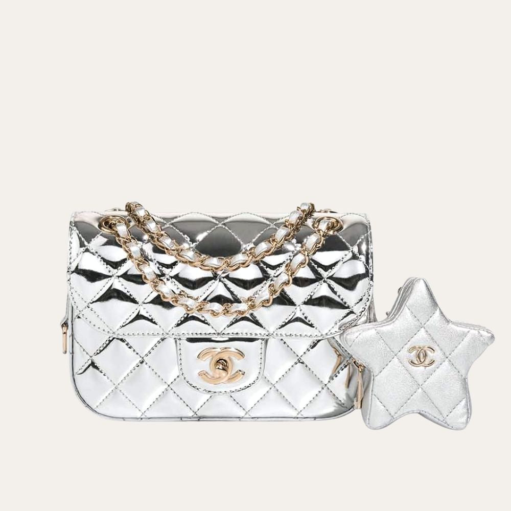 Chanel Mini Flap Bag Star Coin Purse Silver 9.4 Inches AS4648 B14873 Nt666