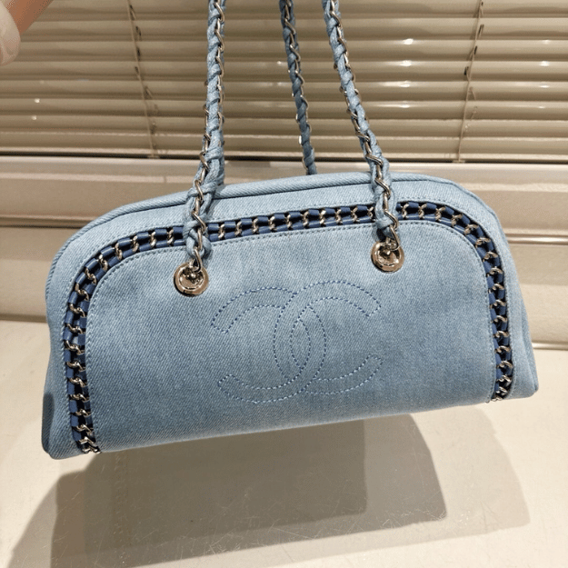 Chanel Bowling Bag Vintage Denim Blue 13.8 Inches