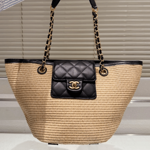 Chanel Raffia Woven Tote Bag Natural/Black 7.9 Inches
