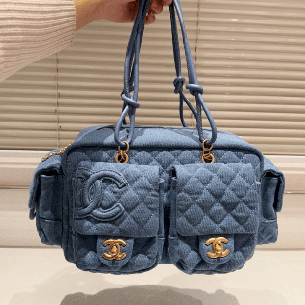 Chanel Bowling Denim Multi-Pocket Blue Denim 11.8 Inches