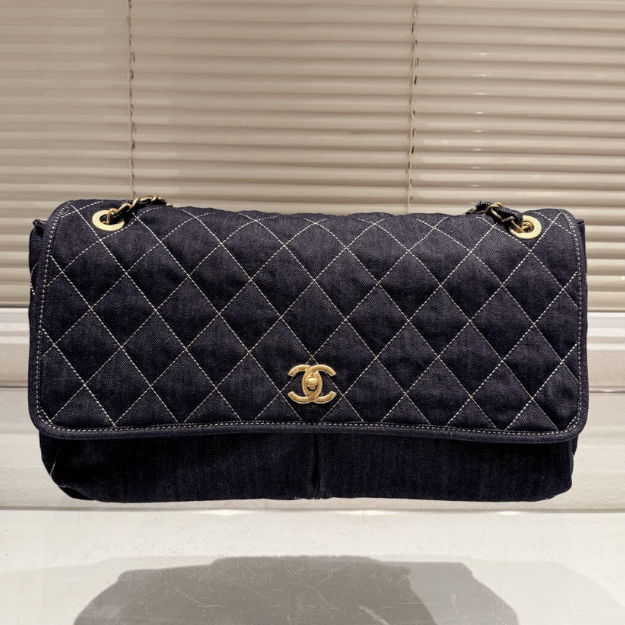 Chanel Denim Classic Flap Shoulder Bag Dark Blue Denim 16.9 Inches