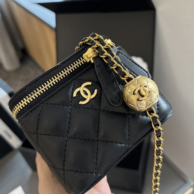 Chanel Mini Vanity Case With Gold Ball Black 4.3 Inches
