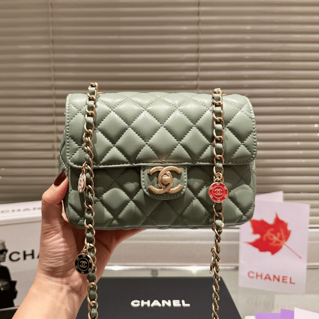 Chanel Mini Square Flap Bag Mint Green Charm Chain 7.5 Inches