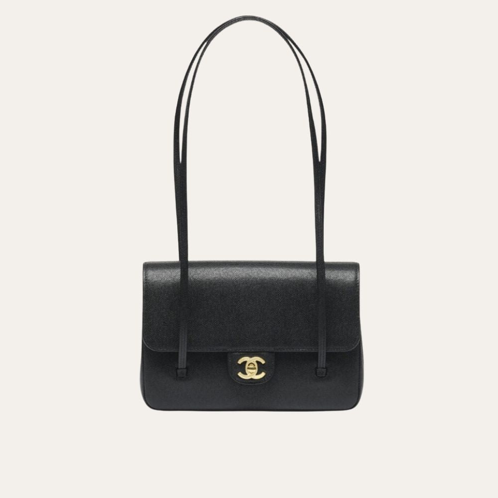 Chanel Small Flap Bag Grained Shiny And Gold Tone Black 8.7 Inches AS6130 B23483 94305
