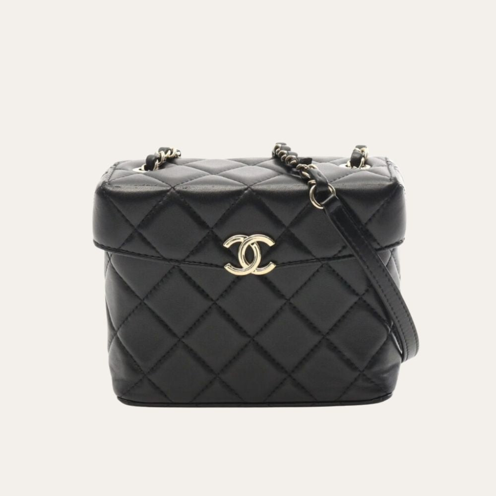 Chanel Small Secret Box Bag Quilted Leather Gold Tone Black 6.3 Inches