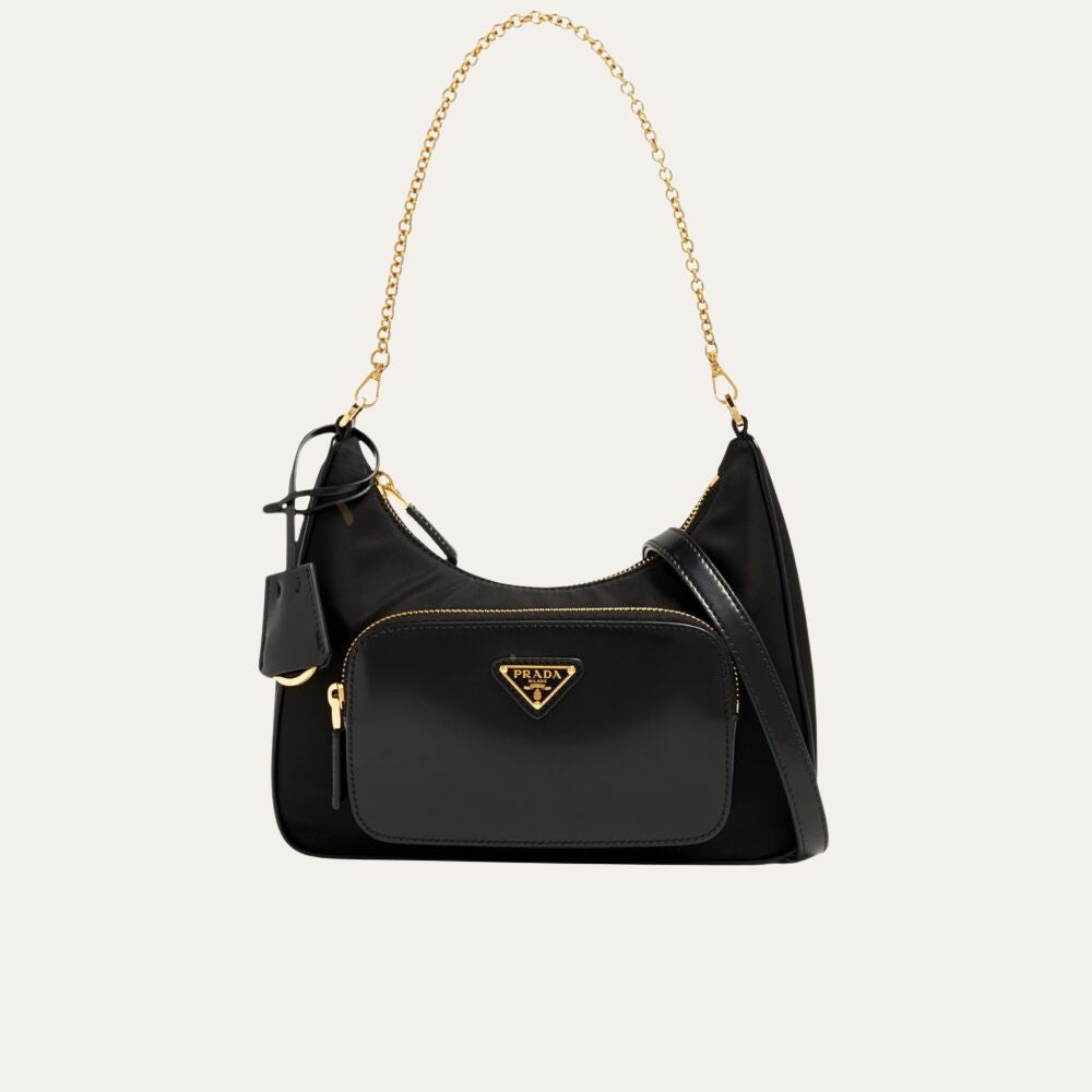 Prada Leather Pocket Re Nylon Shoulder Bag Black 8.7 Inches