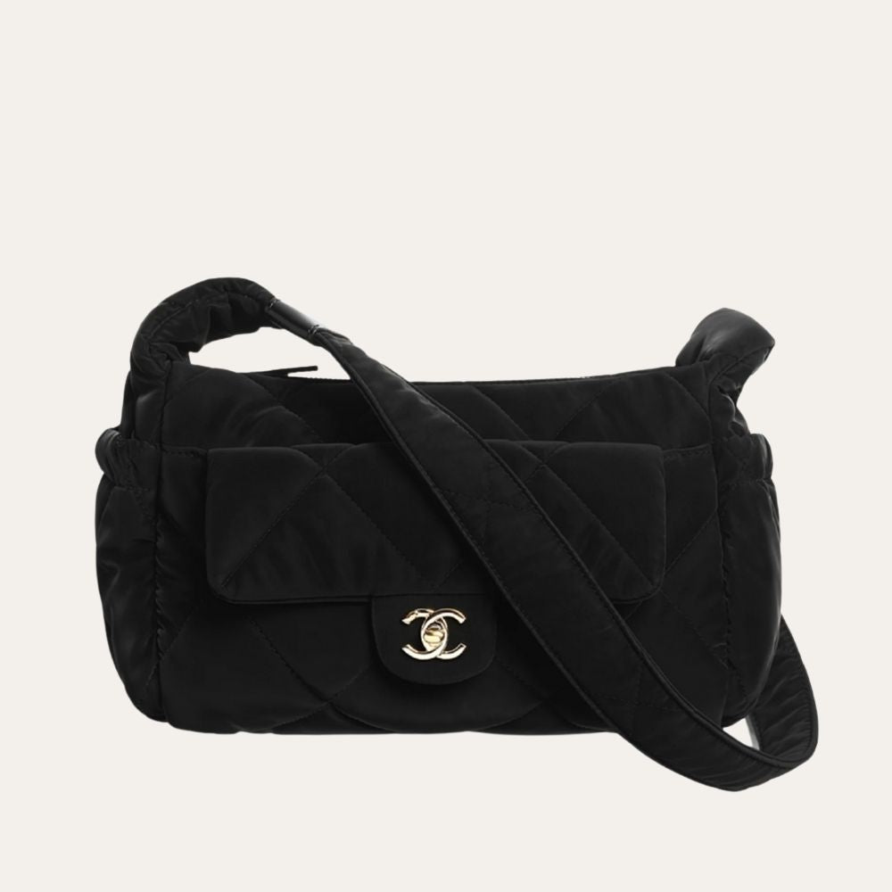 Chanel Large Bowling Bag Velvet Effect Nylon Gold Tone Black 10.6 Inches AS5054 B21379 94305
