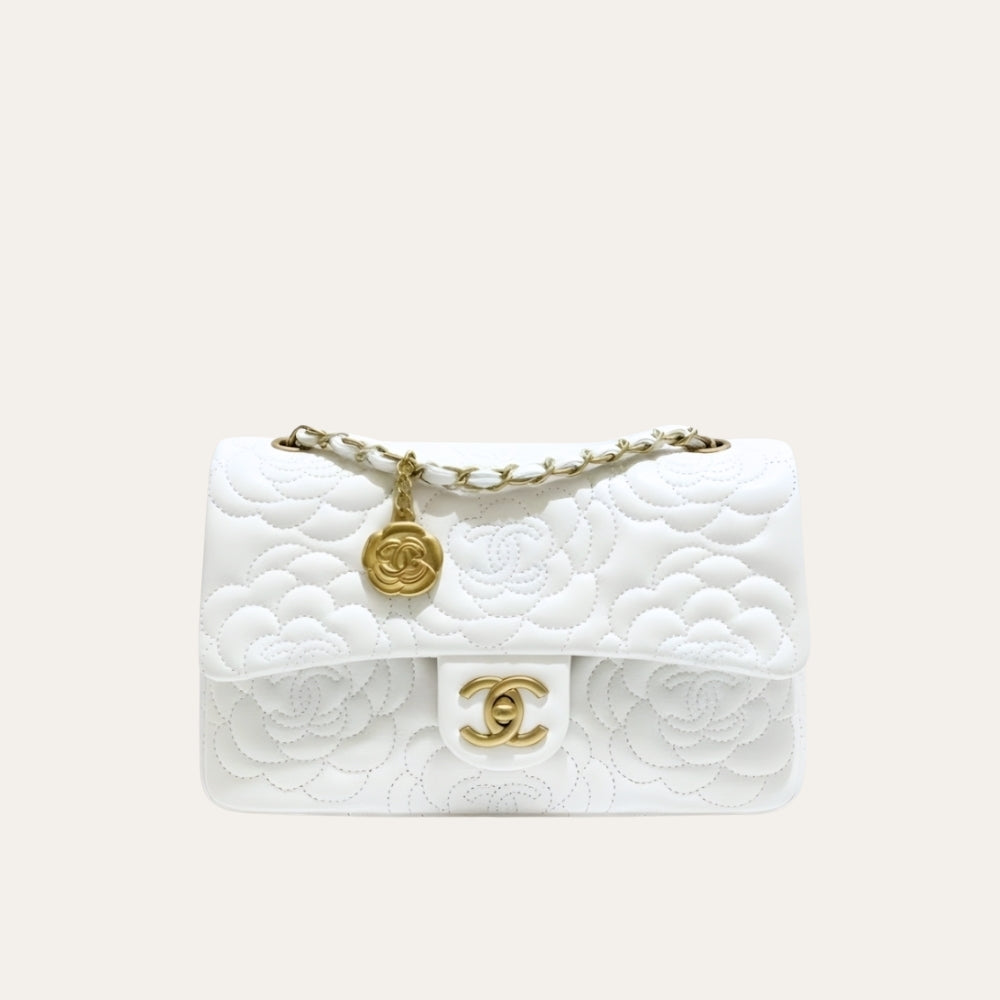 Chanel Flap Bag With Camellia Flower Chain White 26cm