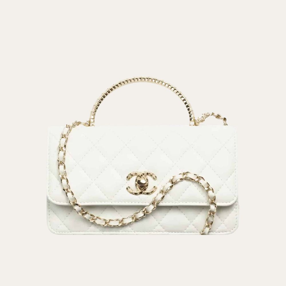 Chanel Clutch With Strap Shiny Crumpled With Imitation Pearls White 7.9 Inches Ap3803 B15603 10601