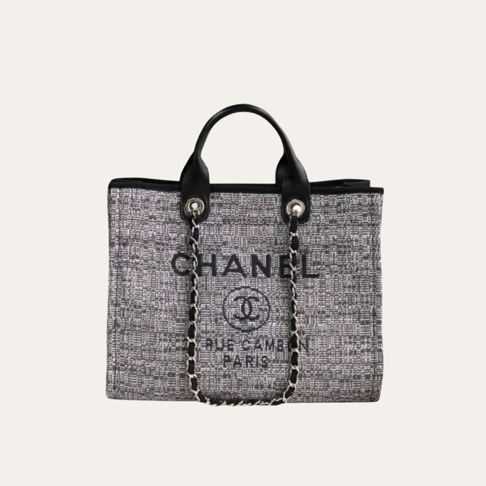 Chanel Deauville Tote Raffia Canvas Bag Black 14.9 Inches