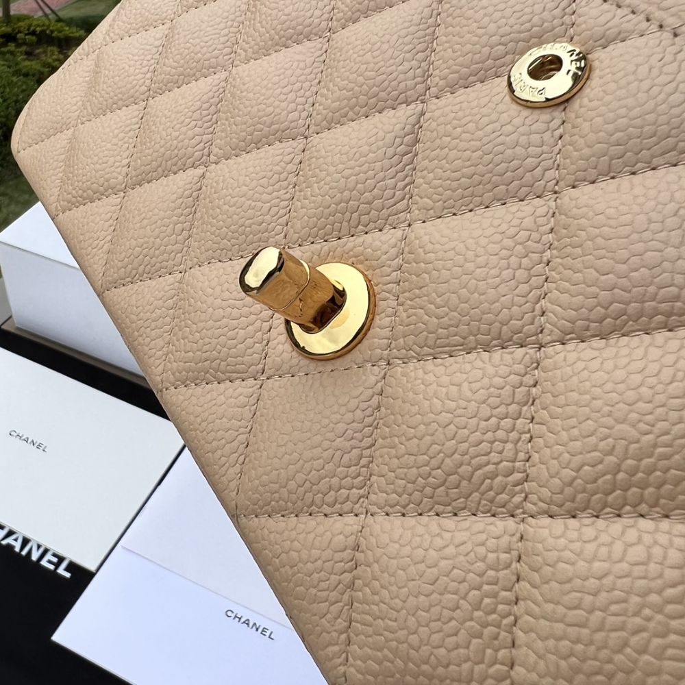 [Premium Quality] – Chanel Classic Grain Gold Hardware Handbag Beige 9.8 Inches A01112