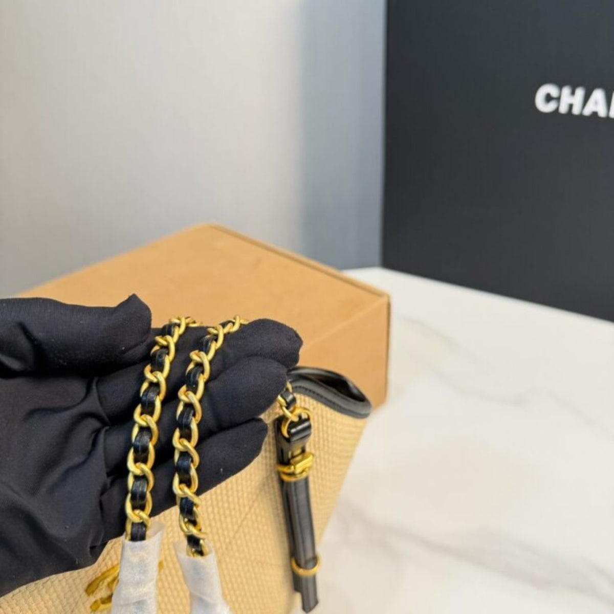 Chanel Small Shopping Bag Braided Raffia Effect Canvas And Gold Tone Metal In Beige 7.9 Inches