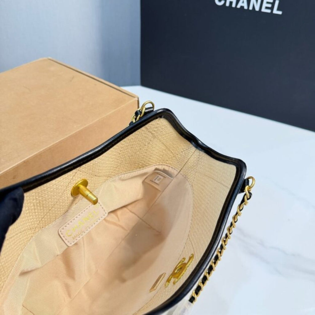 Chanel Small Shopping Bag Braided Raffia Effect Canvas And Gold Tone Metal In Beige 7.9 Inches