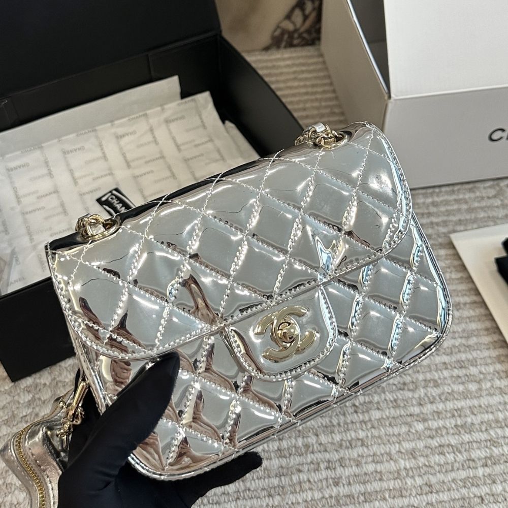 Chanel Mini Flap Bag Star Coin Purse Silver 9.4 Inches AS4648 B14873 Nt666