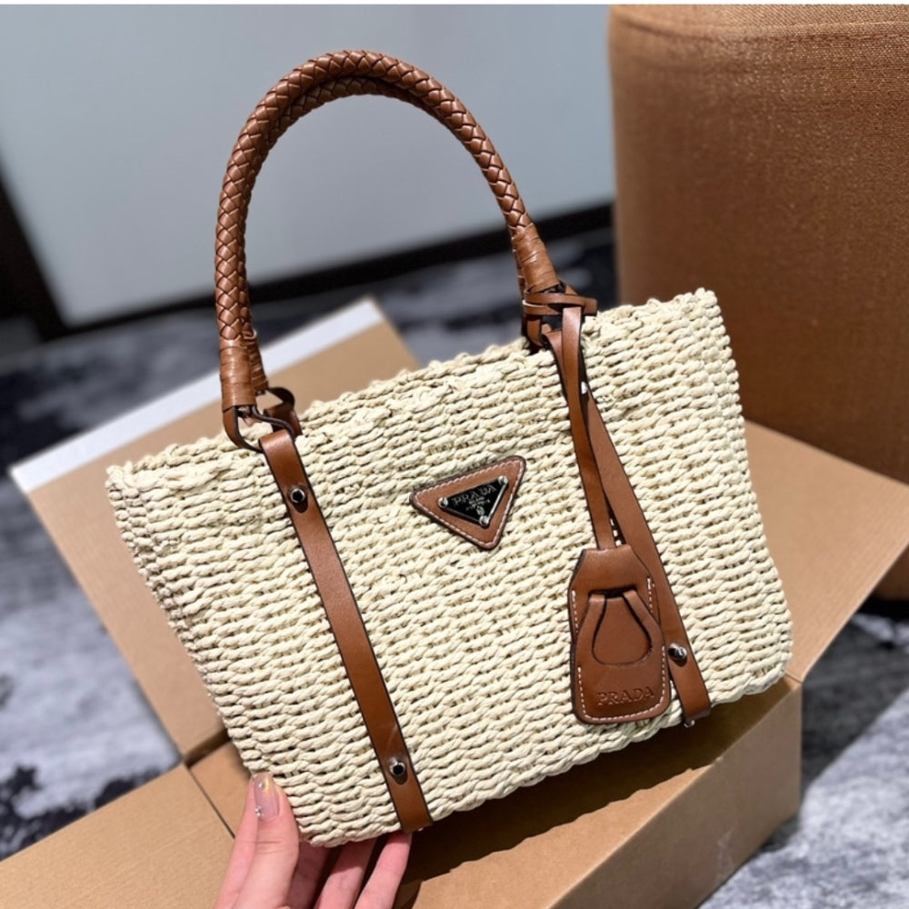 Prada Two Tone Woven Tote Bag In Multi Natural 28cm 1BG336VZOO2DJD