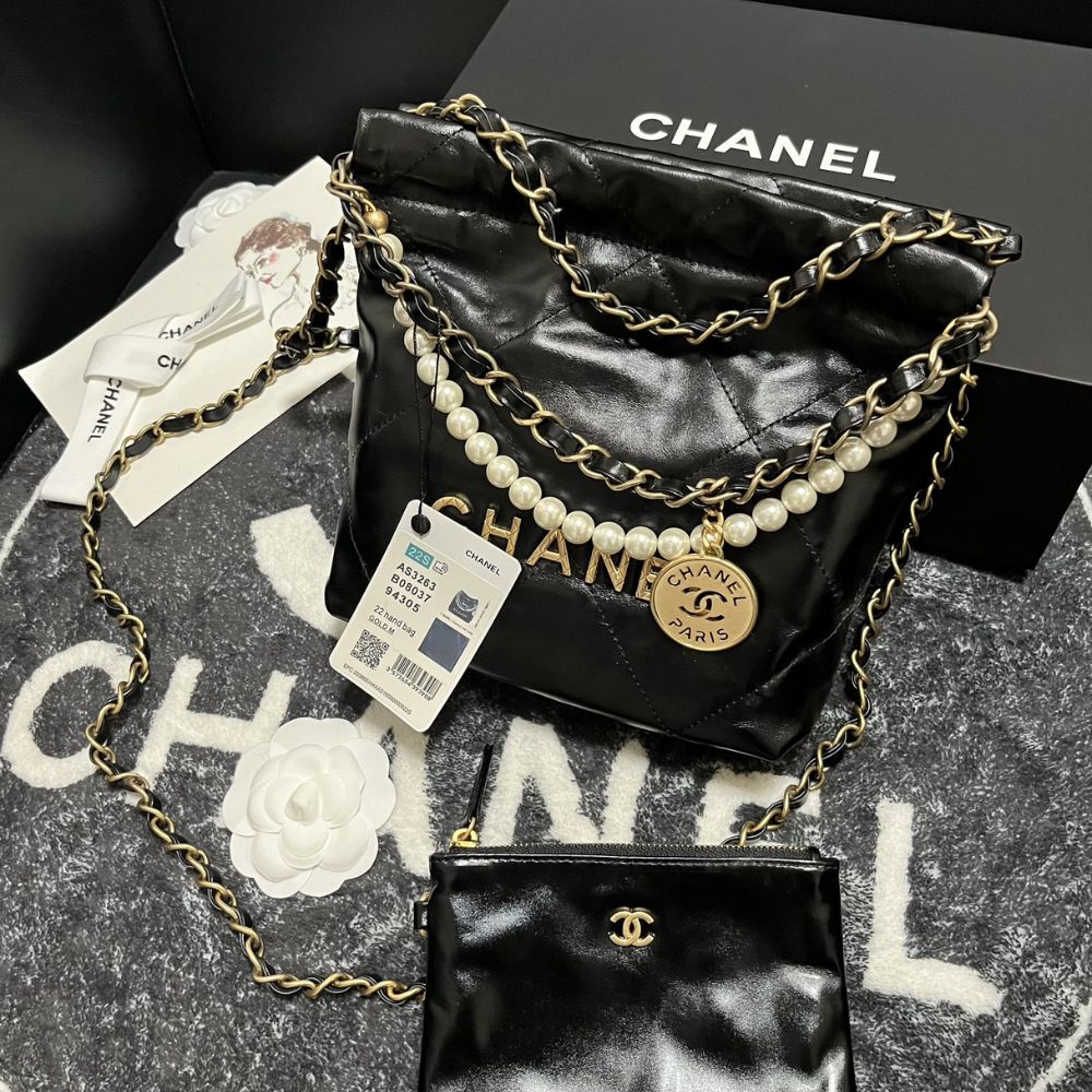 [Premium Quality] – Chanel 22 Mini Handbag Shiny Crystal Pearls Gold Tone Metal Black 7.8 Inches As3980 B10672 94305