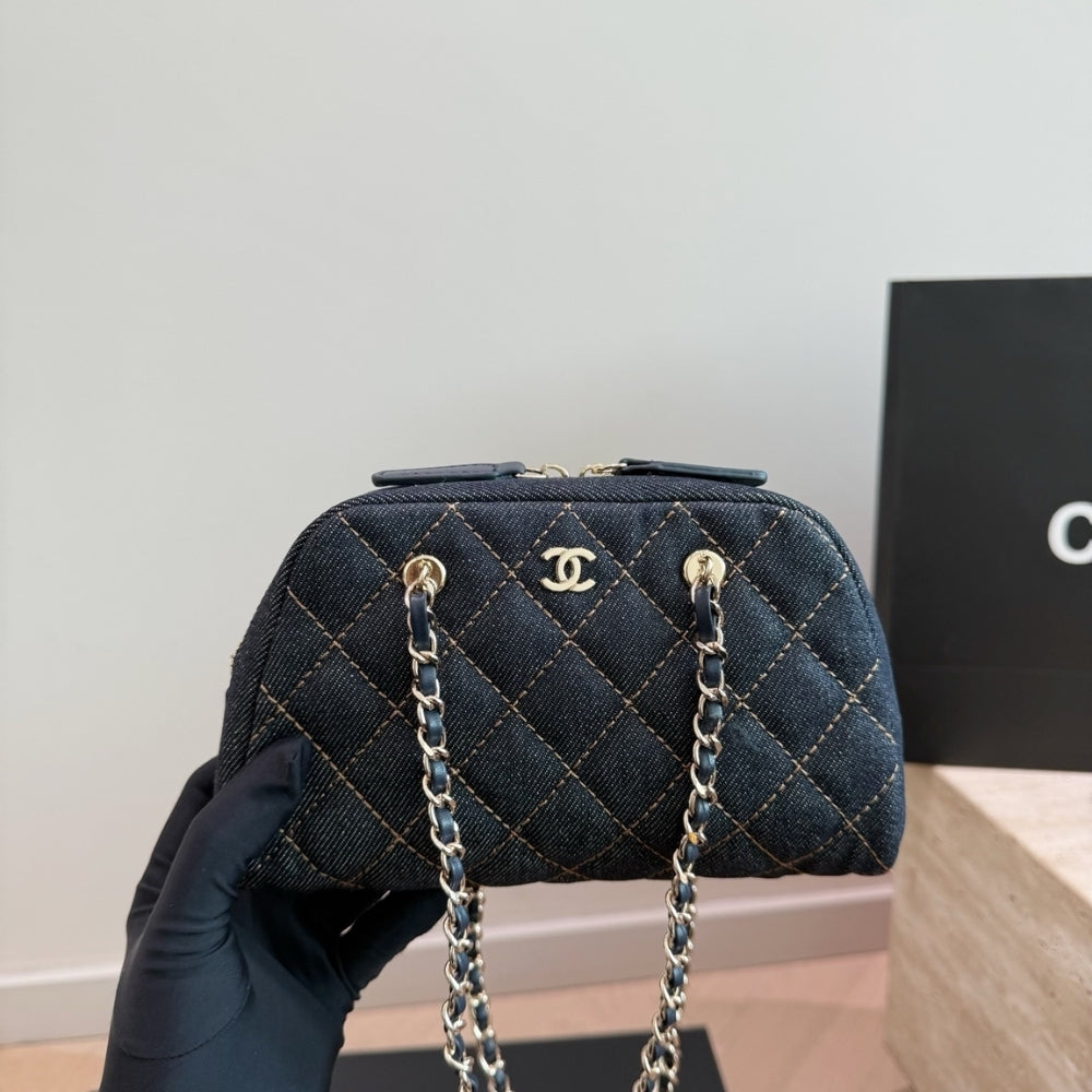 Chanel Clutch With Strap Gold Metal Denim Blue 20cm