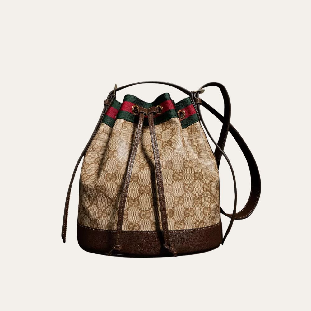 Gucci Venice Small Bucket Bag GG Canvas Sand Brown 8.1 Inches
