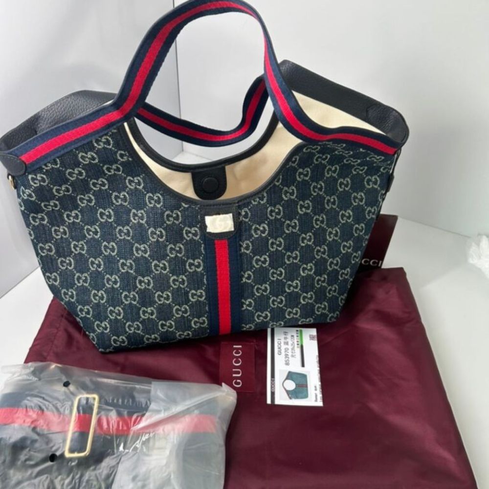 Gucci Giglio Small Tote Bag Blue And White Gg Denim 9.8 Inches 860845 Fafrw 8864