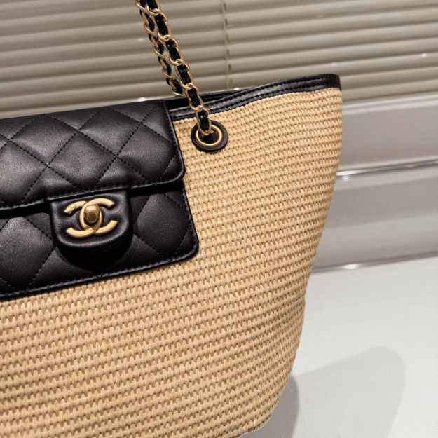 Chanel Raffia Woven Tote Bag Natural/Black 7.9 Inches
