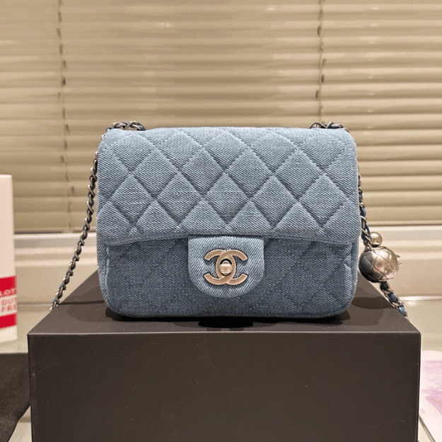 Chanel Denim Gold Ball Square Flap Bag Blue 7.1 Inches