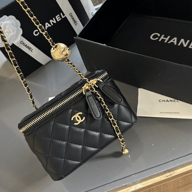 Chanel Mini Vanity Case With Gold Ball Black 7.1 Inches