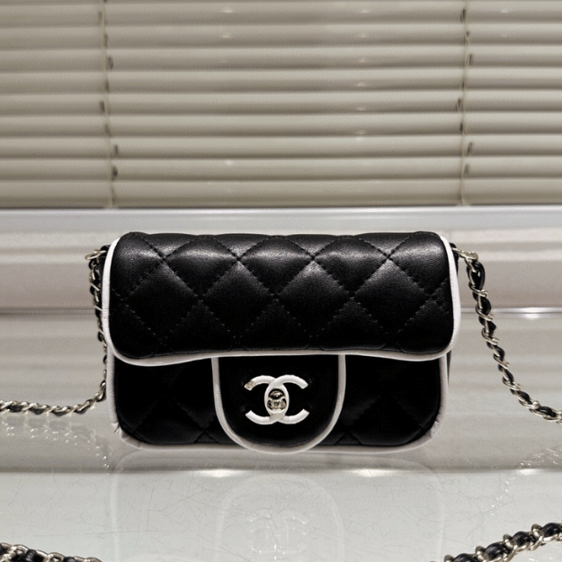 Chanel Flap Bag Black With White Piping 7.1 Inches