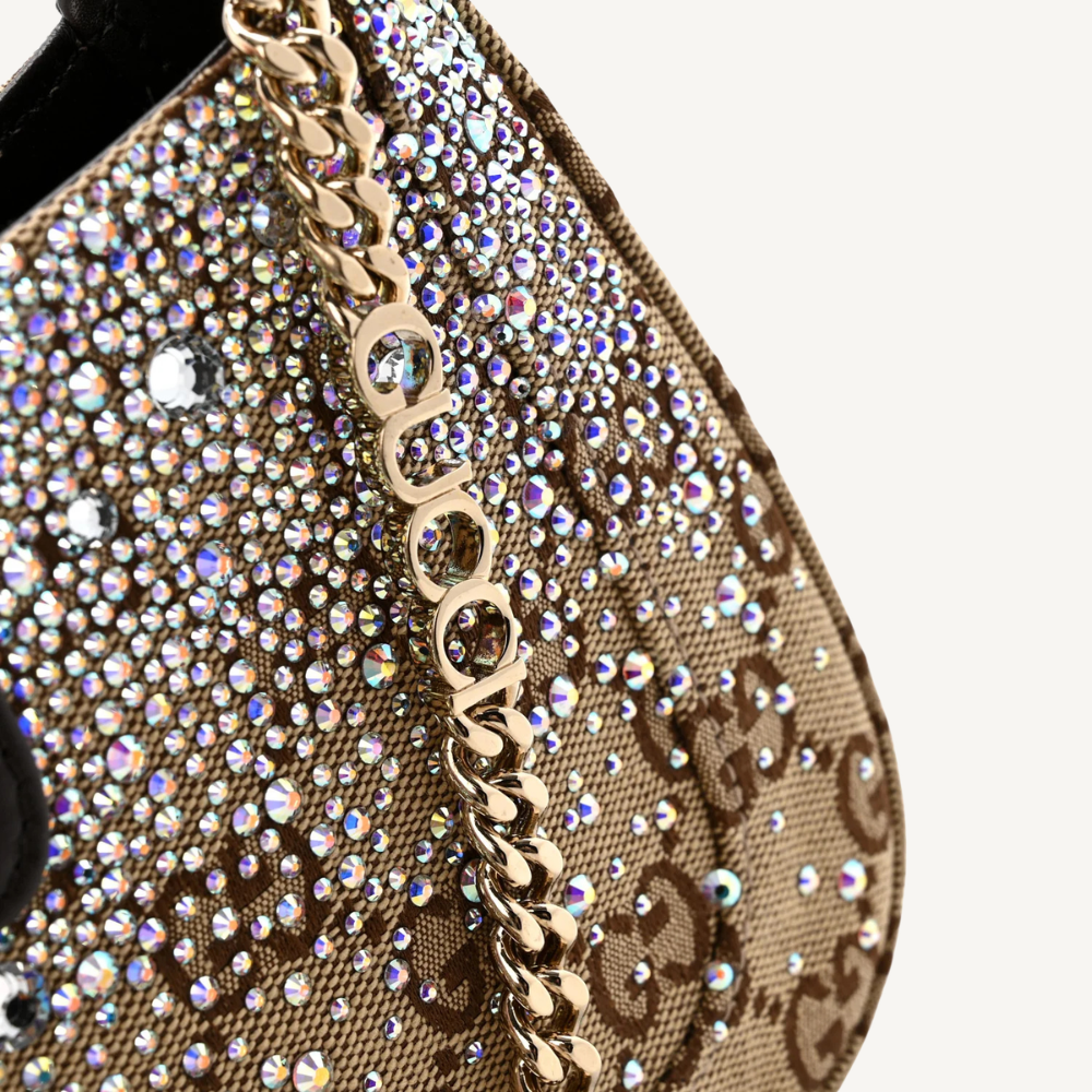 Gucci Women Monogram Crystal Mini Jackie Notte Bag Camel Ebony 7.5 Inches