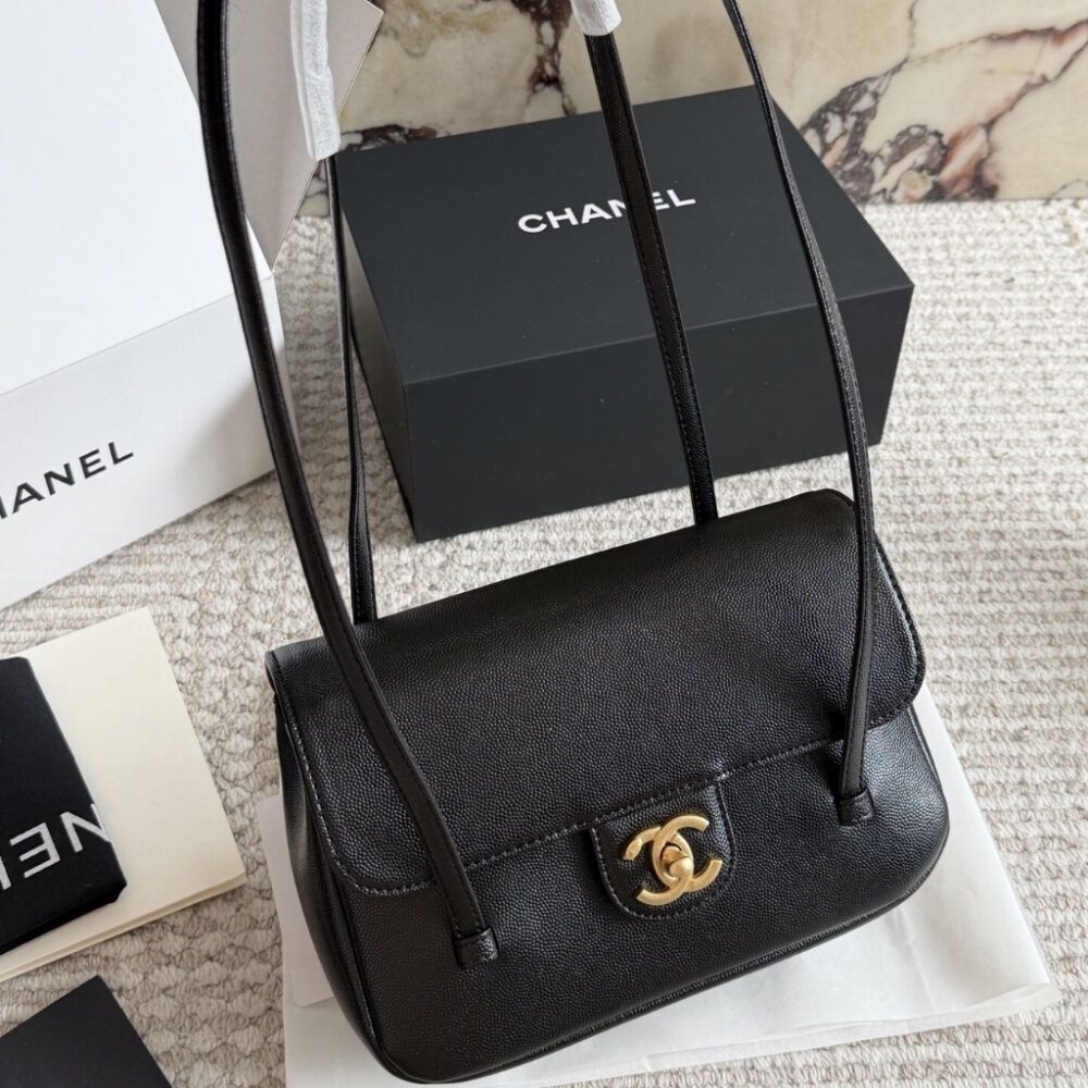 Chanel Small Flap Bag Grained Shiny And Gold Tone Black 8.7 Inches AS6130 B23483 94305