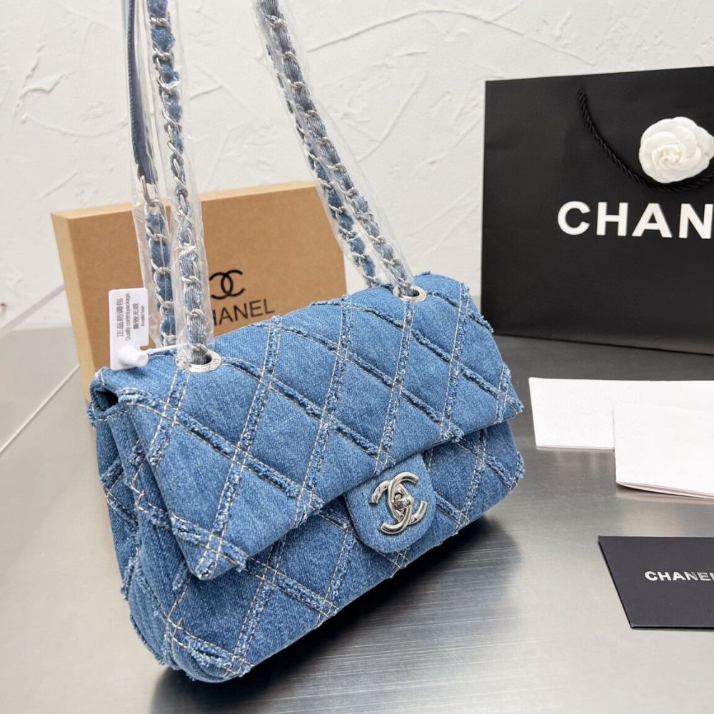 Chanel Cc Chain Flap Quilted Denim Jumbo Blue 9.8 Inches