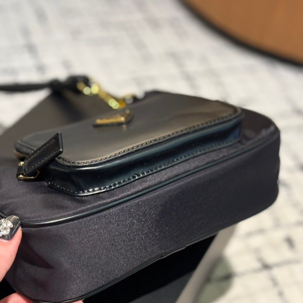 Prada Leather Pocket Re Nylon Shoulder Bag Black 8.7 Inches