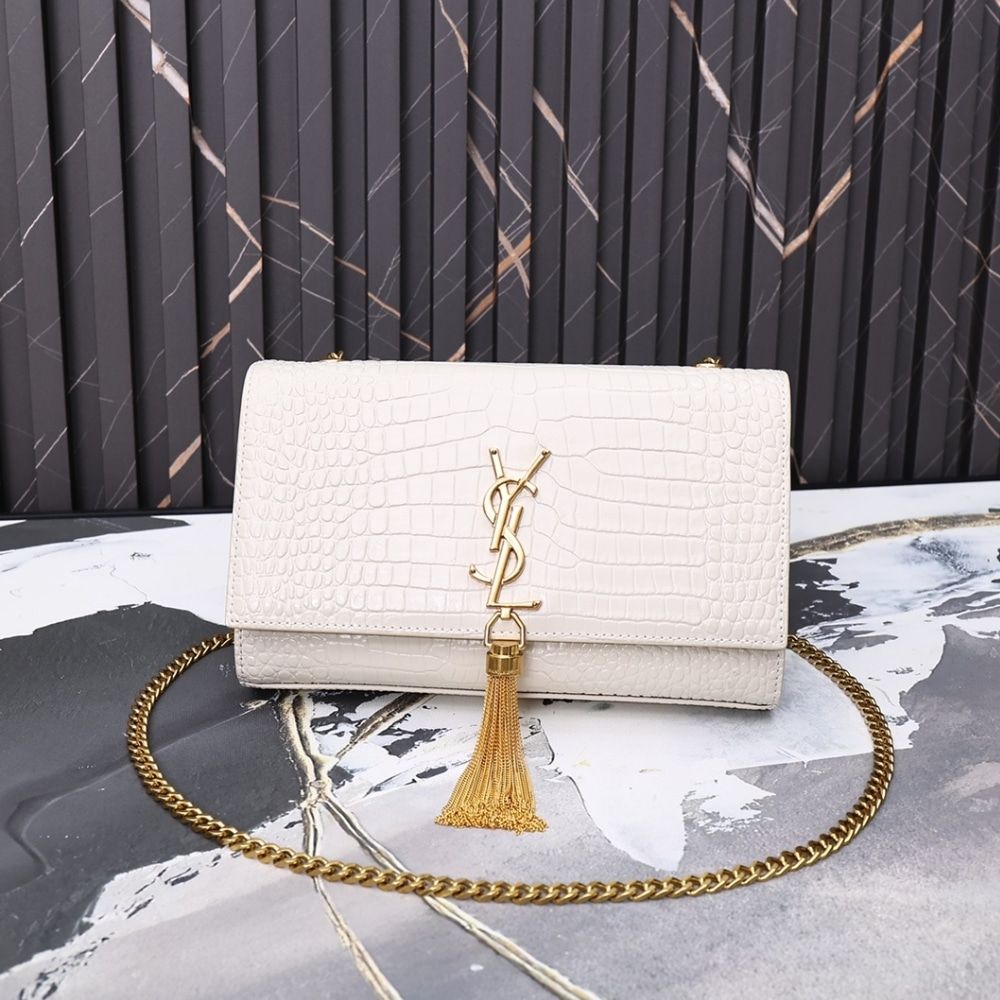 Saint Laurent Kate Medium Tassel In Crocodile White 9.4 Inches