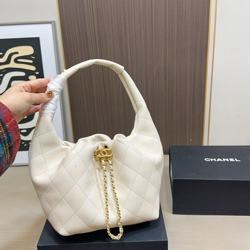 Chanel Mini Hobo Handbag Gold Tone Hardware Beige 7.5 Inches AS5976B22897U4531