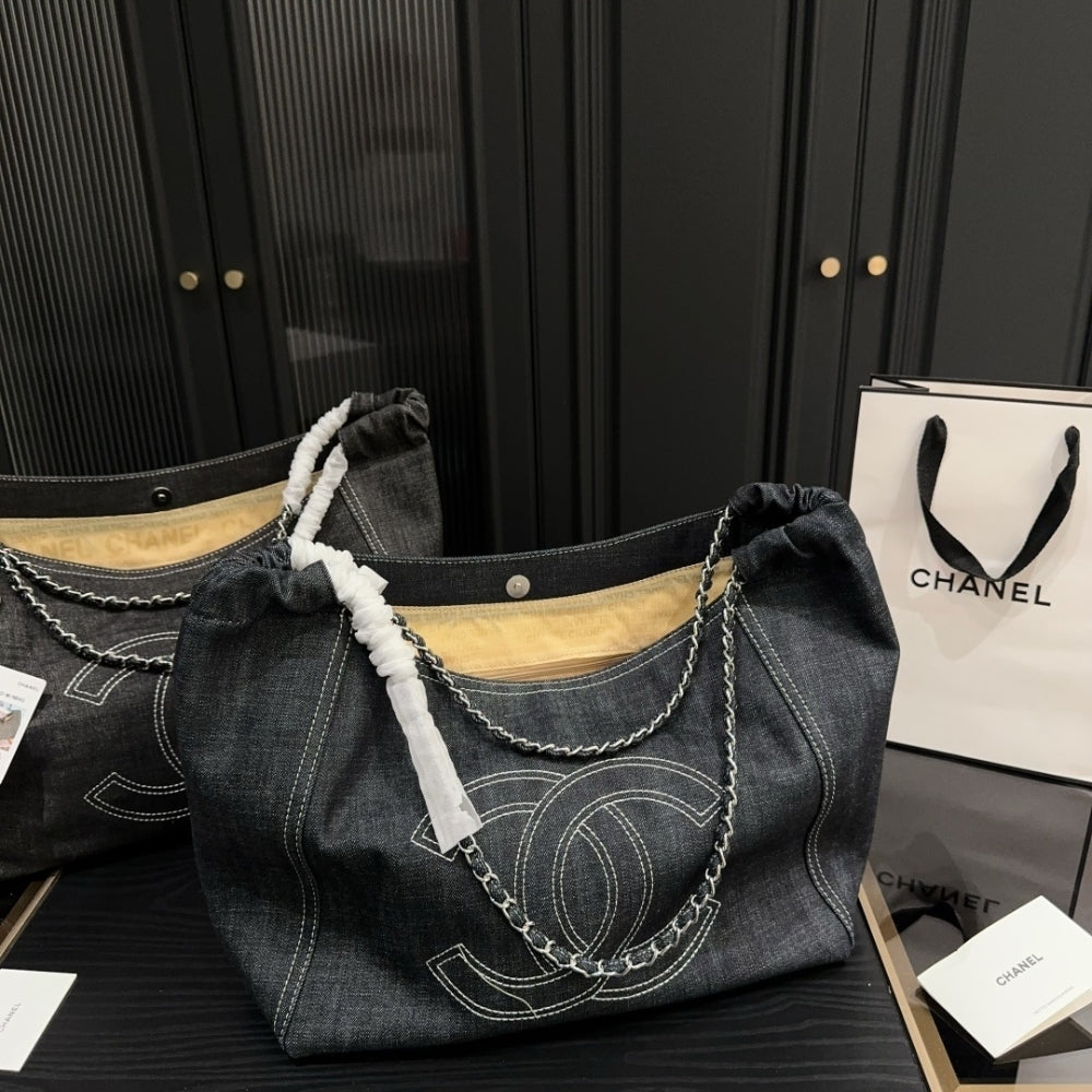 Chanel Coco Cabas Shopping Bag Denim Dark Blue 14.2 Inches