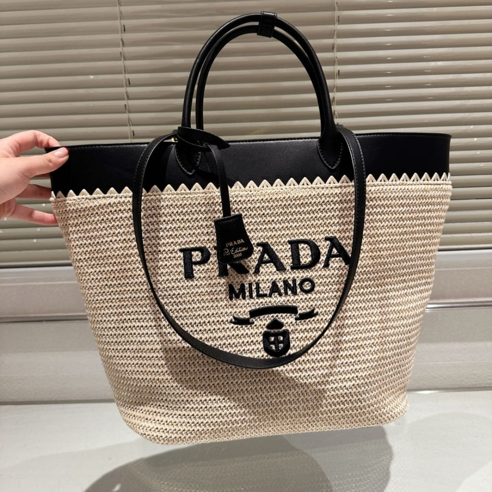 Prada Crochet Tote Bag Tan And Black 33cm 1BG499 2M2Q F0I55 V GOO