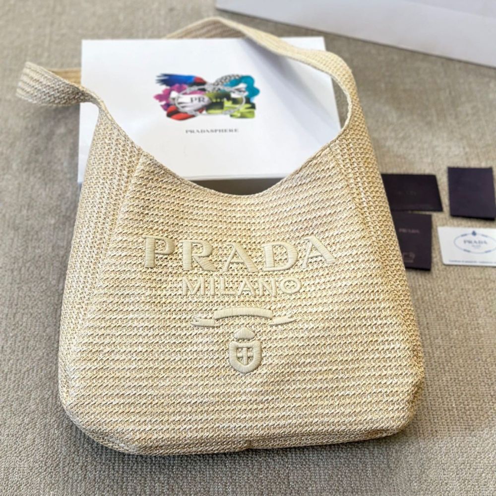 Prada Logo Embossed Raffia Shoulder Bag Beige 13 Inches 1Bc186Vouo2A2T