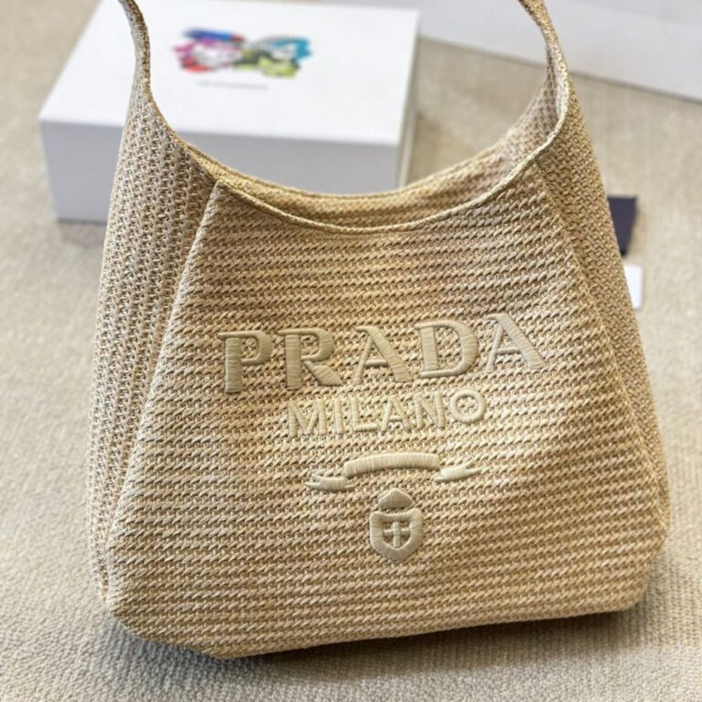 Prada Logo Embossed Raffia Shoulder Bag Beige 13 Inches 1Bc186Vouo2A2T