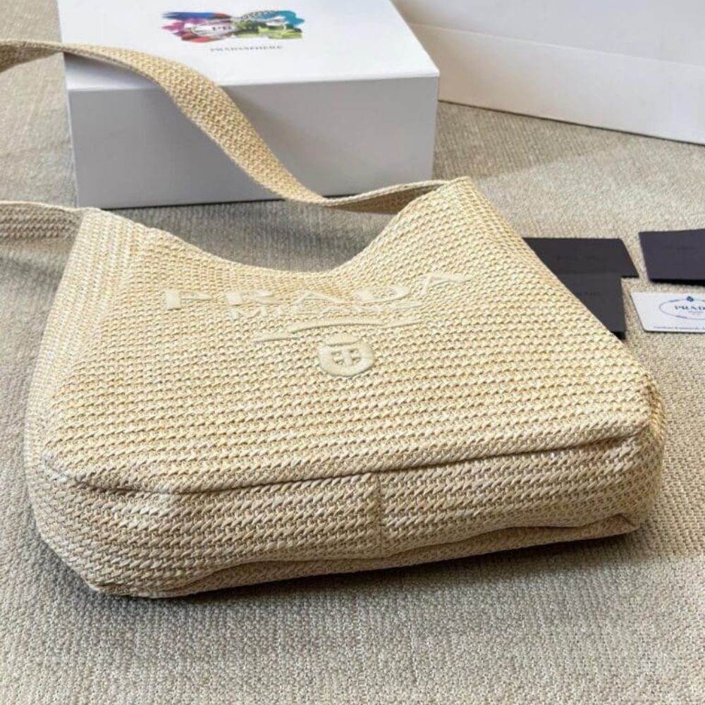 Prada Logo Embossed Raffia Shoulder Bag Beige 13 Inches 1Bc186Vouo2A2T