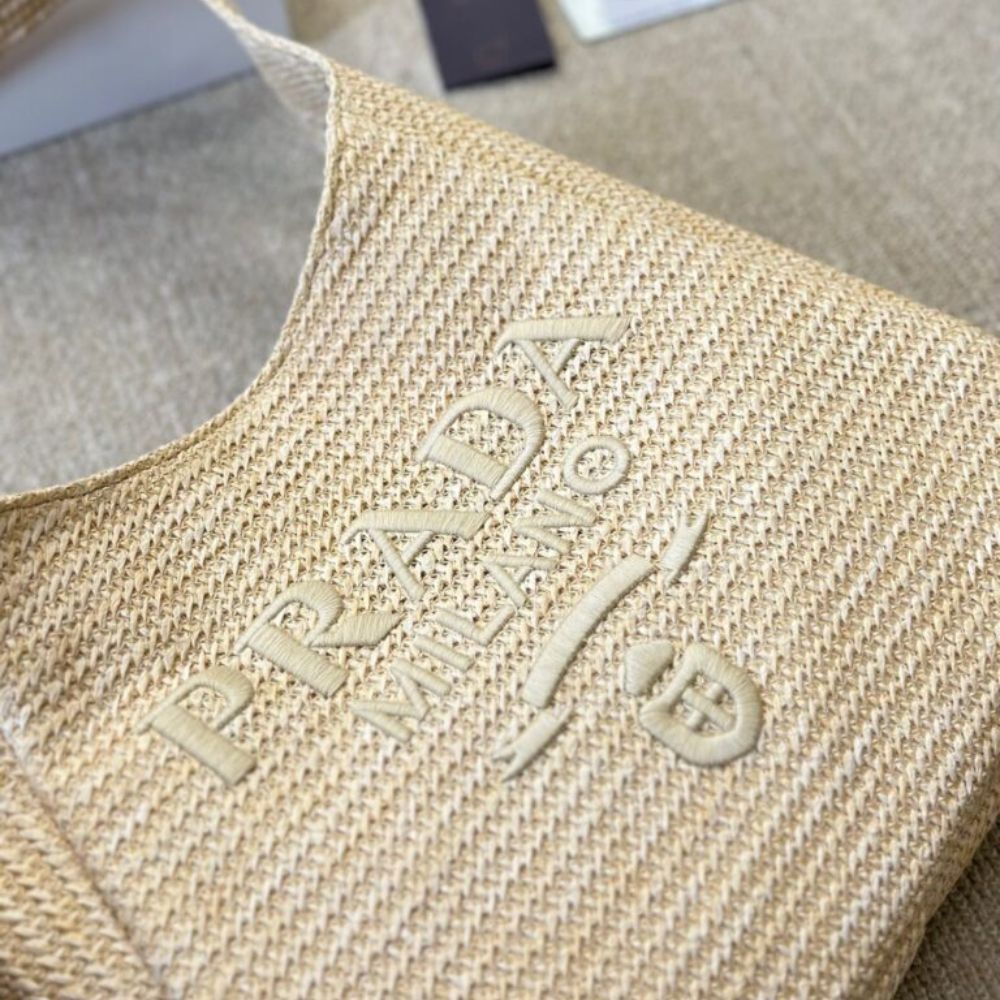 Prada Logo Embossed Raffia Shoulder Bag Beige 13 Inches 1Bc186Vouo2A2T