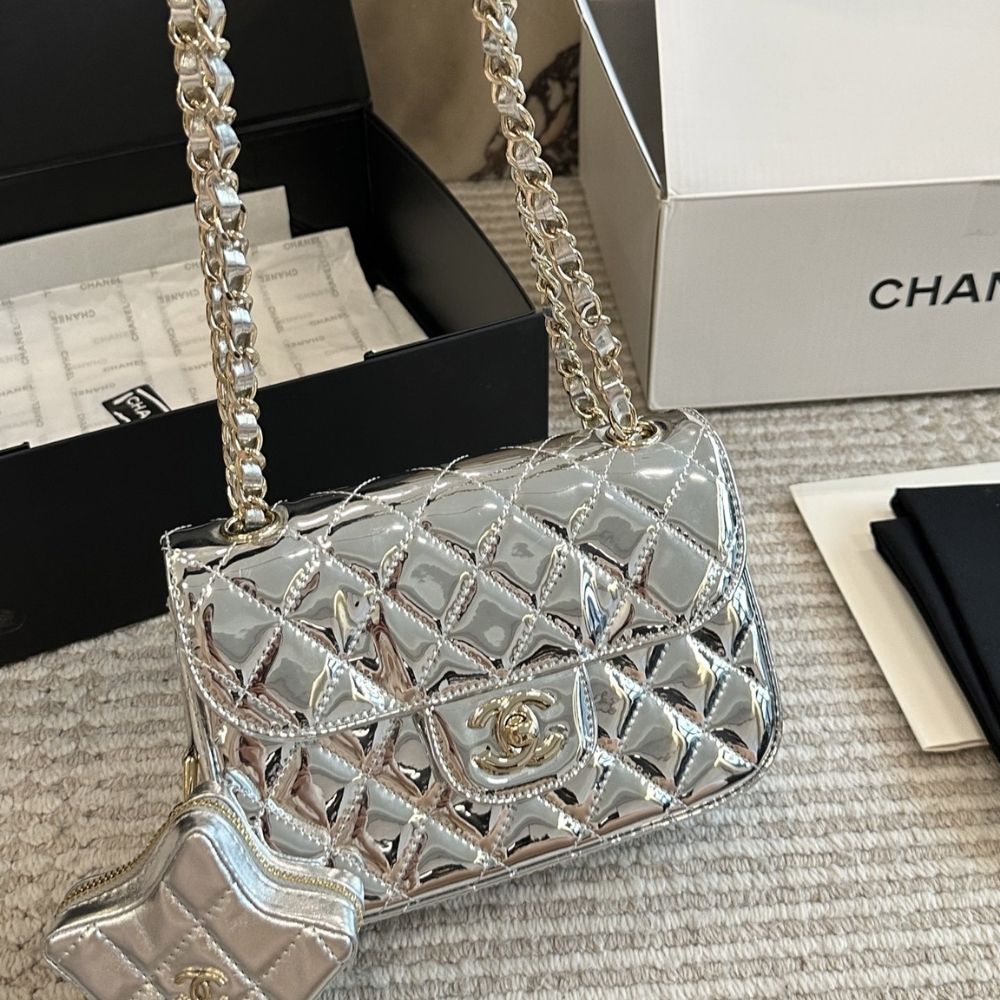 Chanel Mini Flap Bag Star Coin Purse Silver 9.4 Inches AS4648 B14873 Nt666