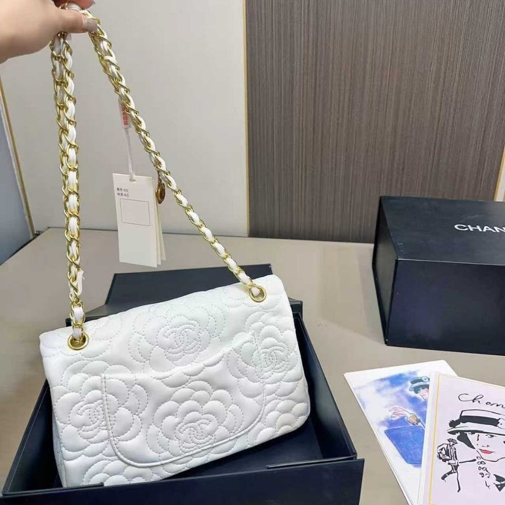 Chanel Flap Bag With Camellia Flower Chain White 26cm