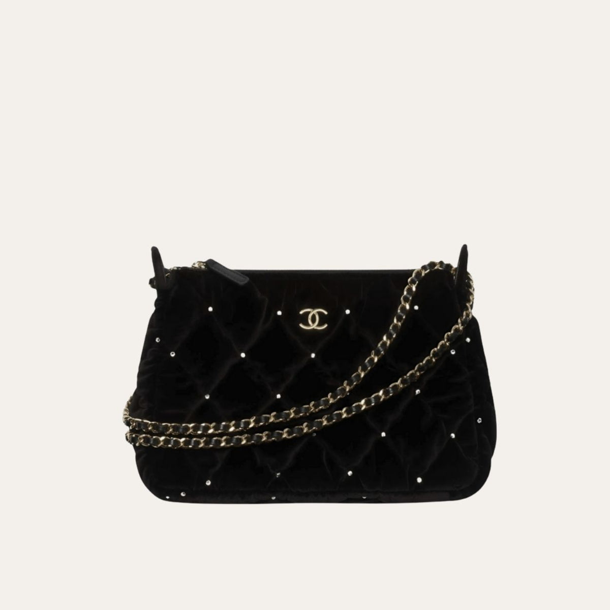 Chanel Velvet Crystal Quilted Chain Hobo Bag In Black 8.7 Inches AP4861 B17652 93405
