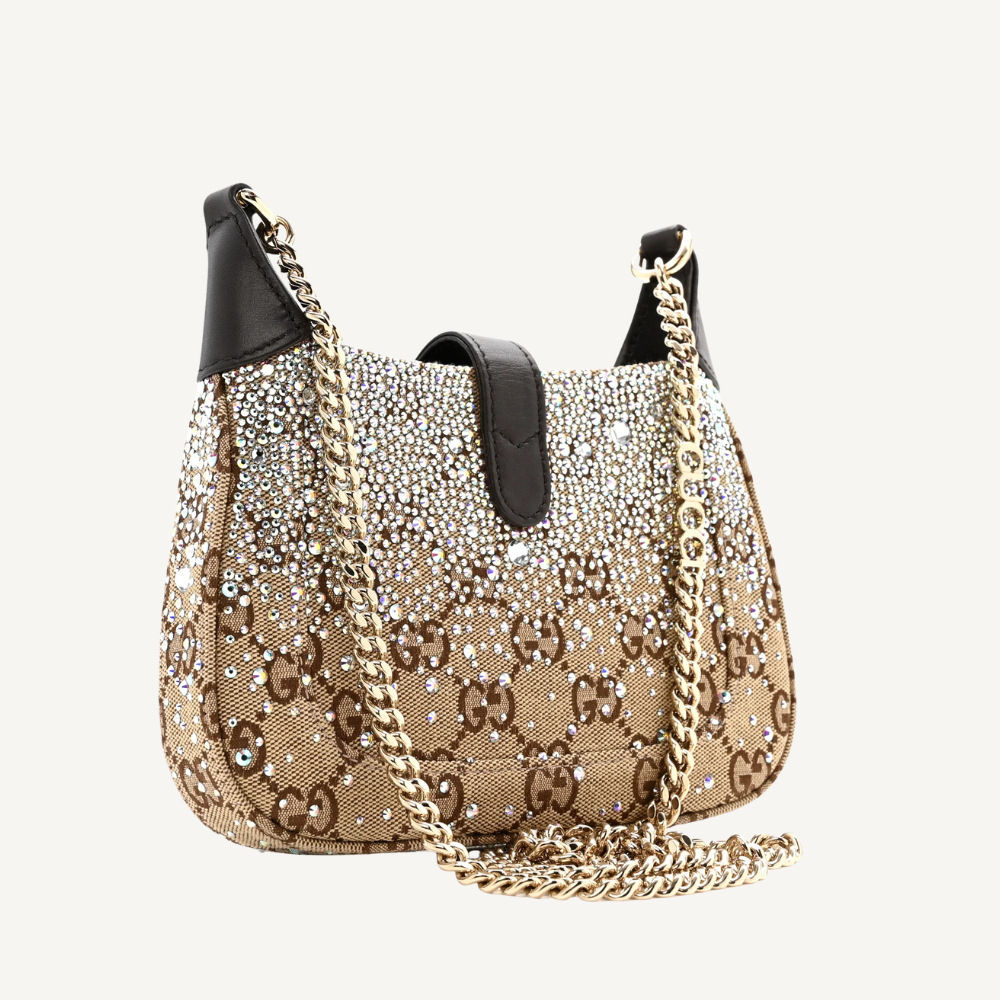 Gucci Women Monogram Crystal Mini Jackie Notte Bag Camel Ebony 7.5 Inches