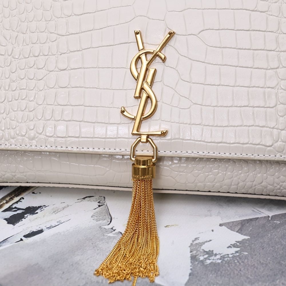 Saint Laurent Kate Medium Tassel In Crocodile White 9.4 Inches