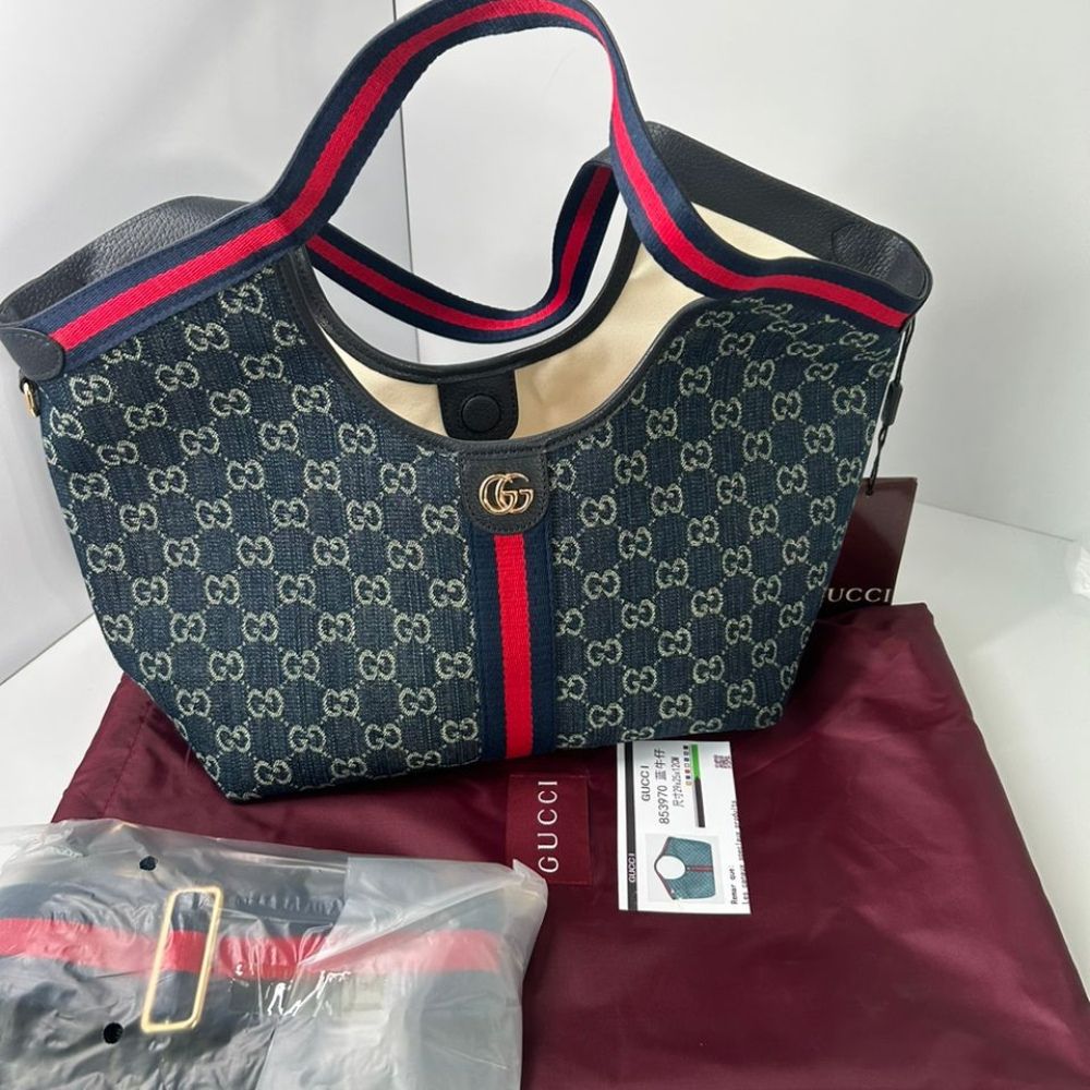 Gucci Giglio Small Tote Bag Blue And White Gg Denim 9.8 Inches 860845 Fafrw 8864
