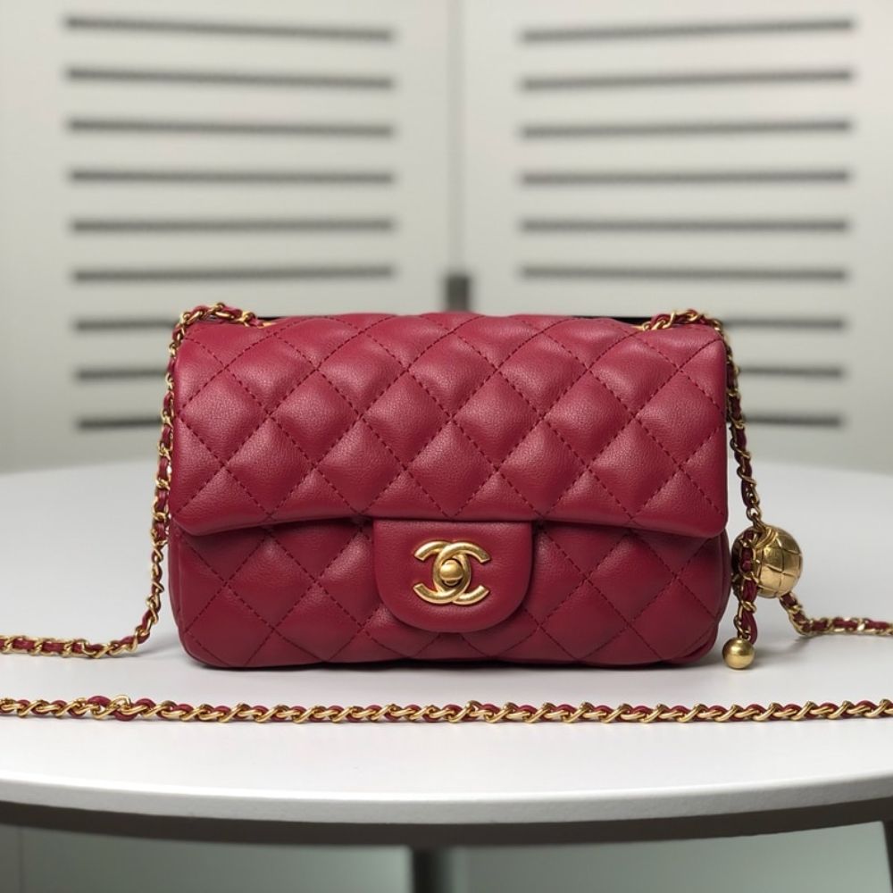 Chanel Quilted Mini Cc Rectangular Pearl Crush Flap Bag Red 20Cm