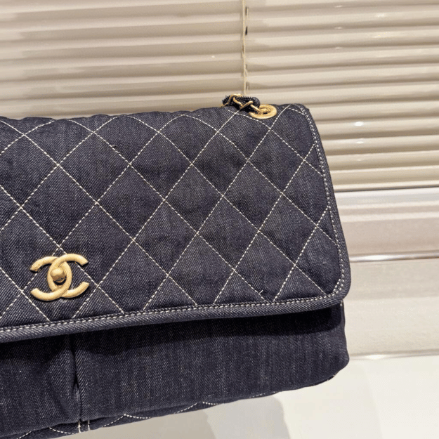 Chanel Denim Classic Flap Shoulder Bag Dark Blue Denim 16.9 Inches