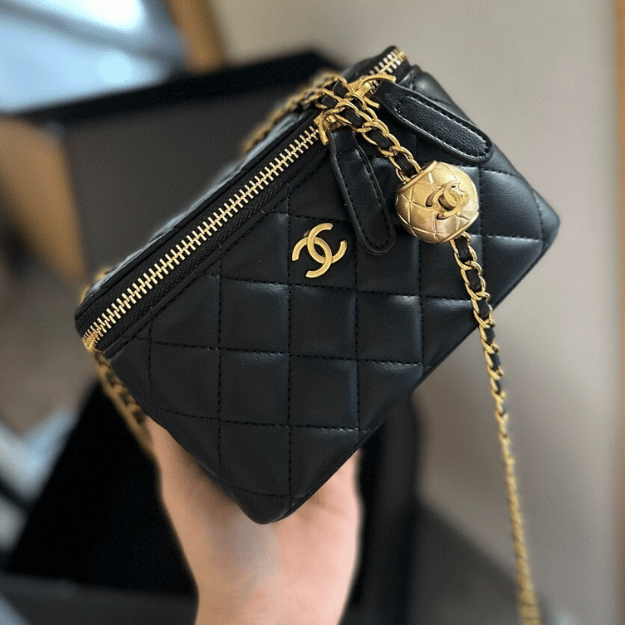 Chanel Mini Vanity Case With Gold Ball Black 7.1 Inches