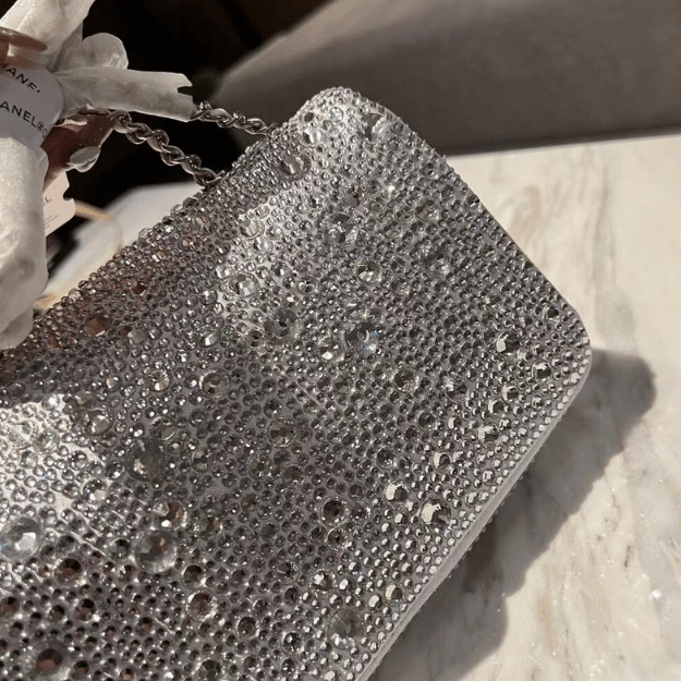 Chanel Classic Flap Bag Full Embellished Silver 7.9 Inches