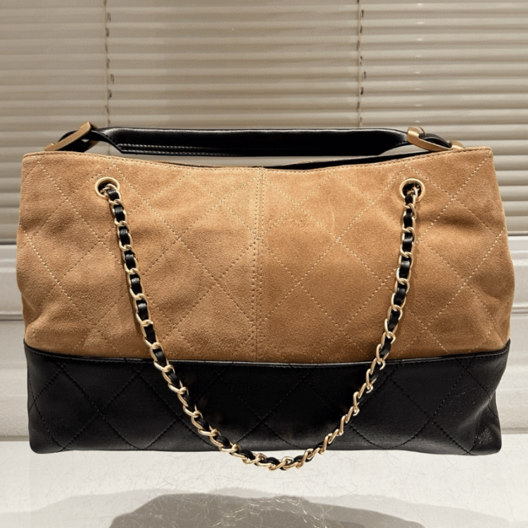 Chanel Shopping Bag Shiny And Gold Tone Metal Beige Black 14.2 Inches AS5657 B20827 U1536